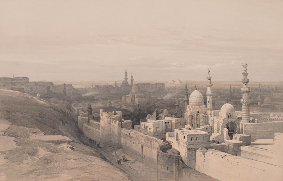 a drawing of a city with a castle in the middle of it