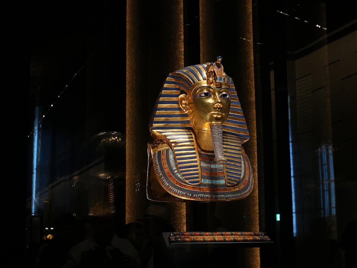 Golden funerary mask of tutankhamun on display