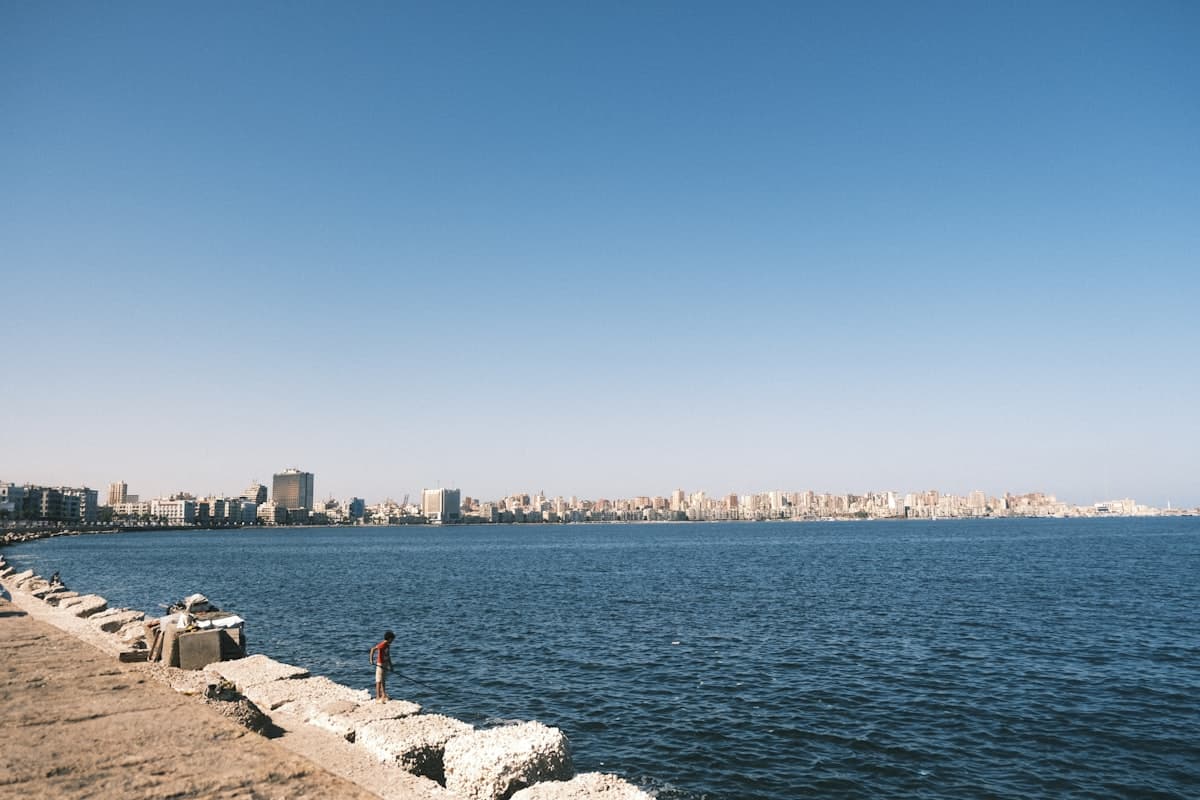 City skyline along the ocean with a man fishing