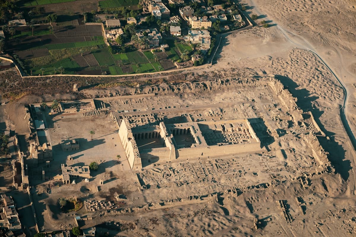 An aerial view of an ancient city in the desert