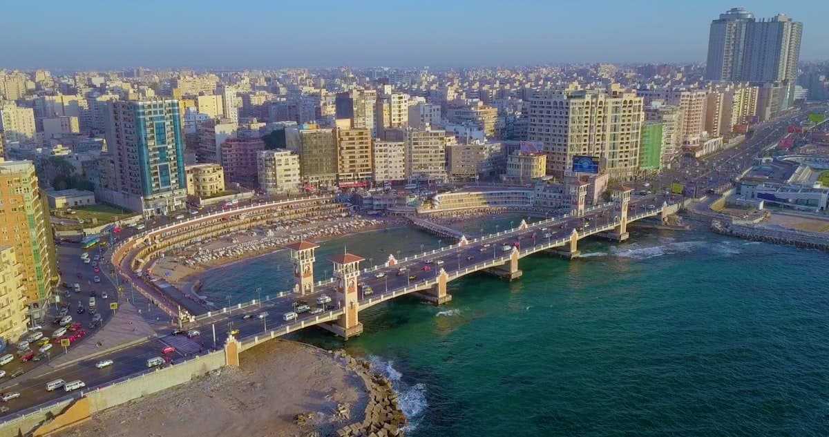 An aerial view of a city and a bridge