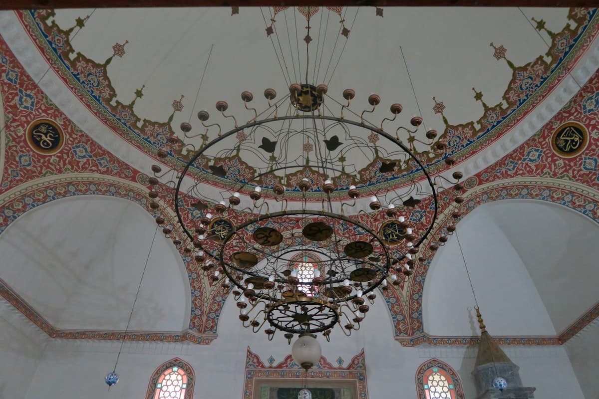 a ceiling with many arches and windows