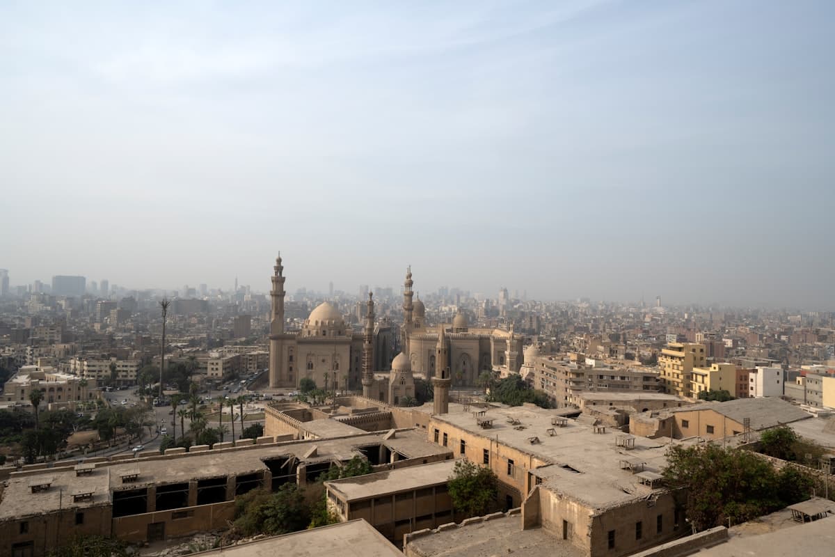 Panoramic view of a sprawling city with mosques and mosques.