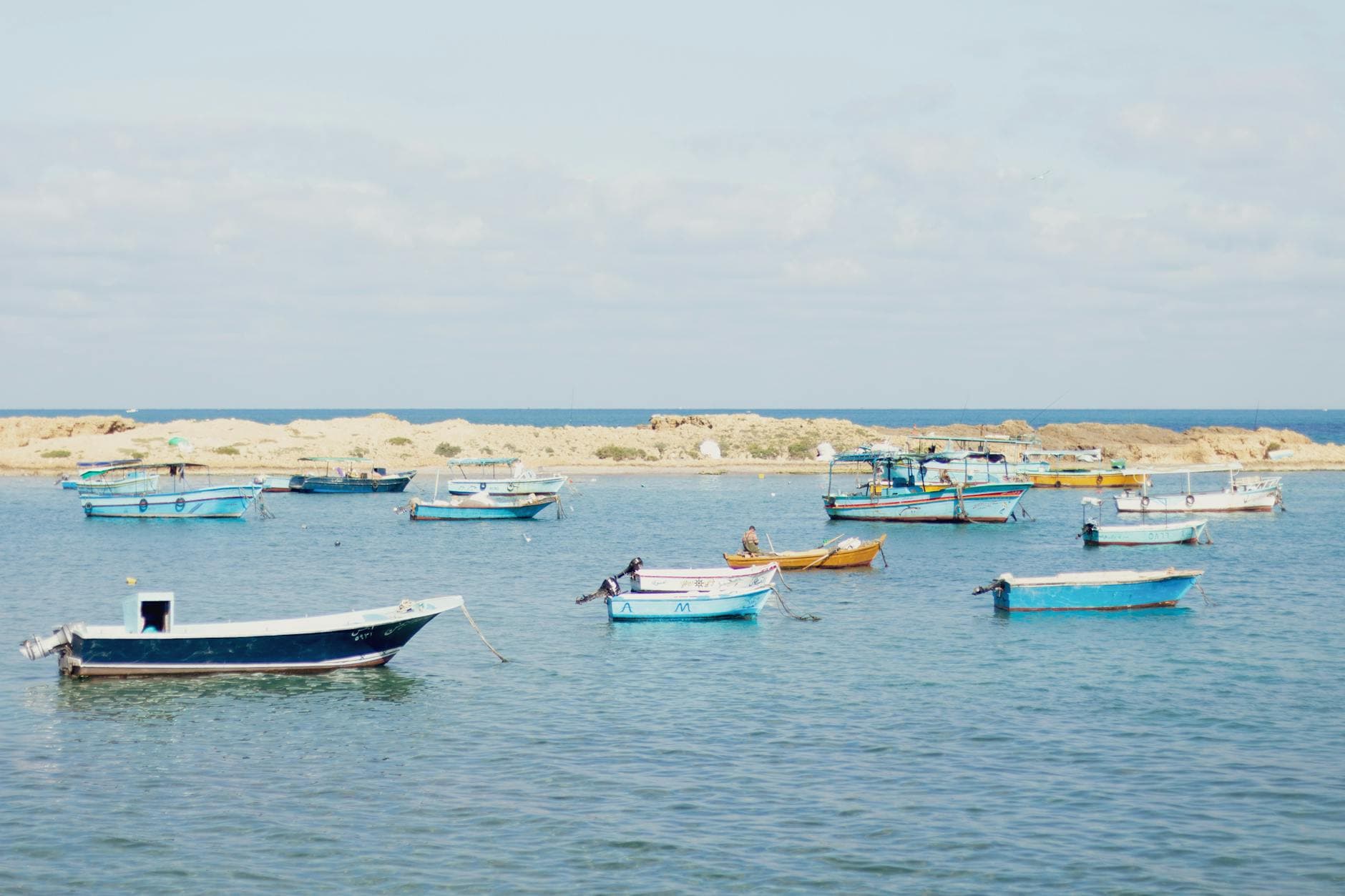 Serene scene of fishing boats anchored in calm waters off Alexandria's coast under a bright summer sky.