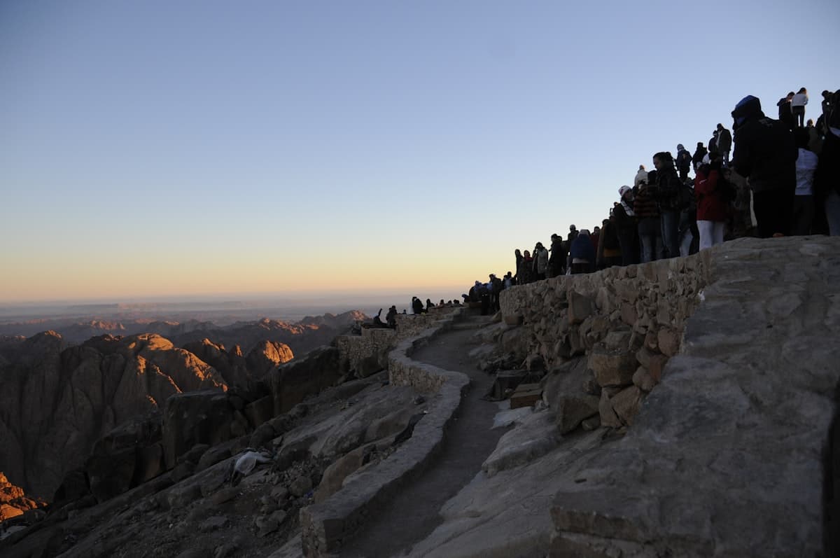 a group of people standing on top of a mountain