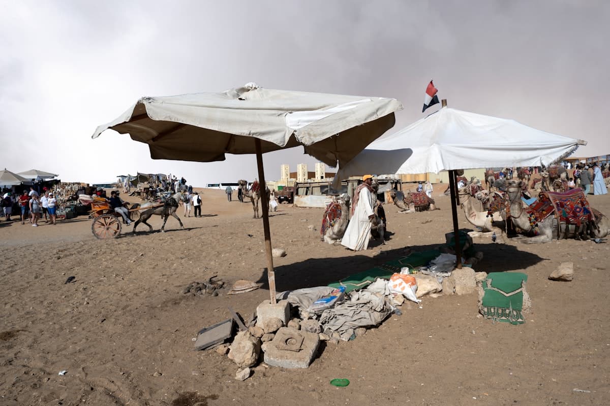 People and camels at a desert market under umbrellas