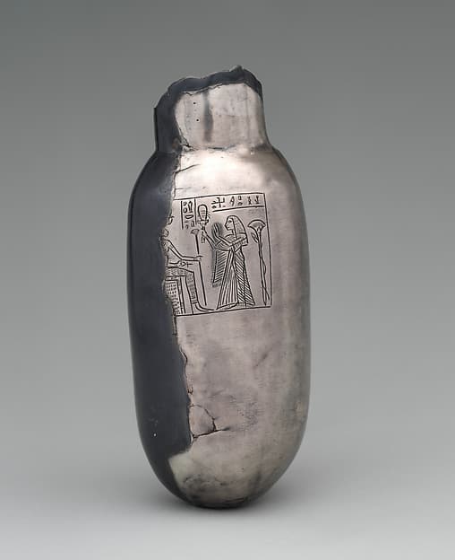 Bottle illustrating Meritptah honoring Bastet, New Kingdom, Ramesside Period