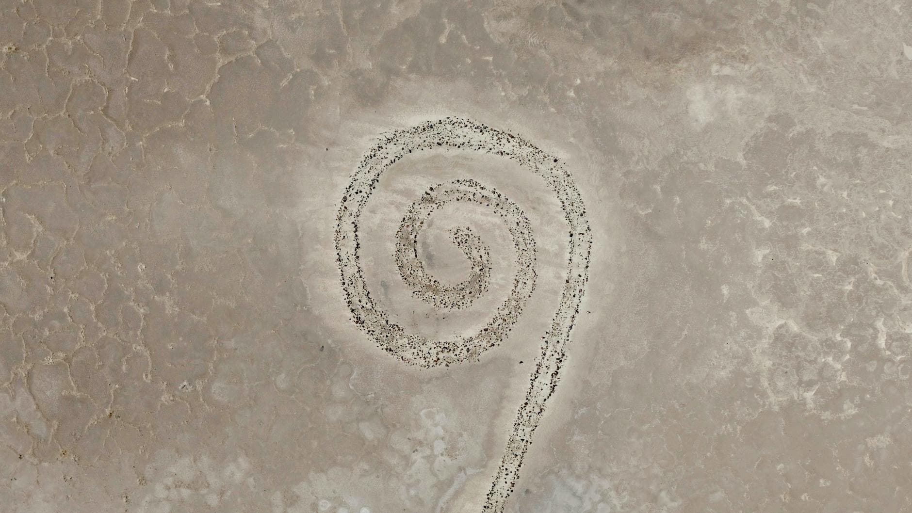 Aerial view of the Spiral Jetty, an earthwork sculpture in Great Salt Lake, Utah.