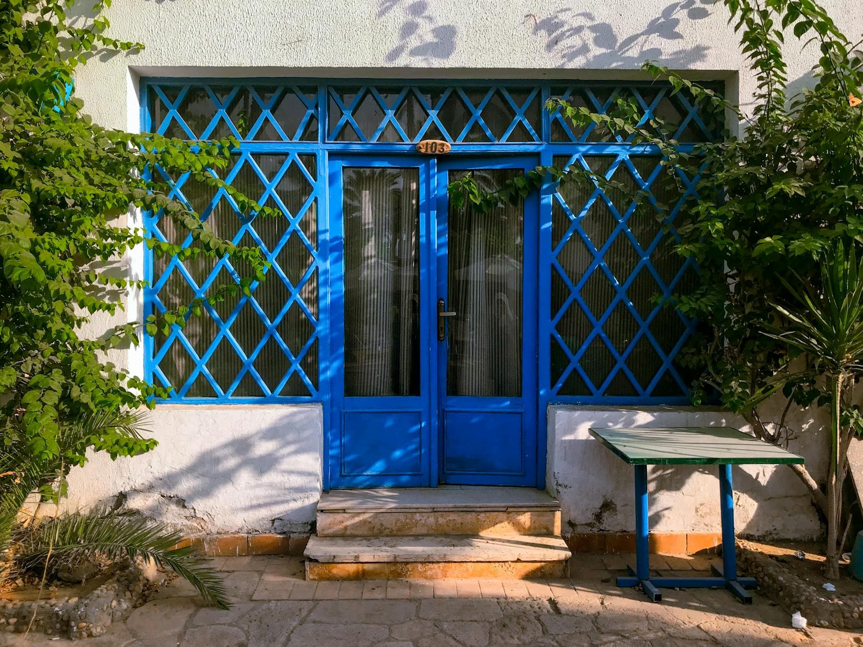 Inviting blue lattice door surrounded by greenery, capturing Egyptian urban charm.