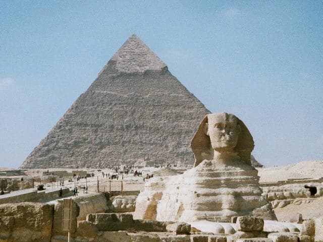 The Pyramid of Khafre and the Great Sphinx of Giza on the Giza Plateau, Cairo, Egypt..