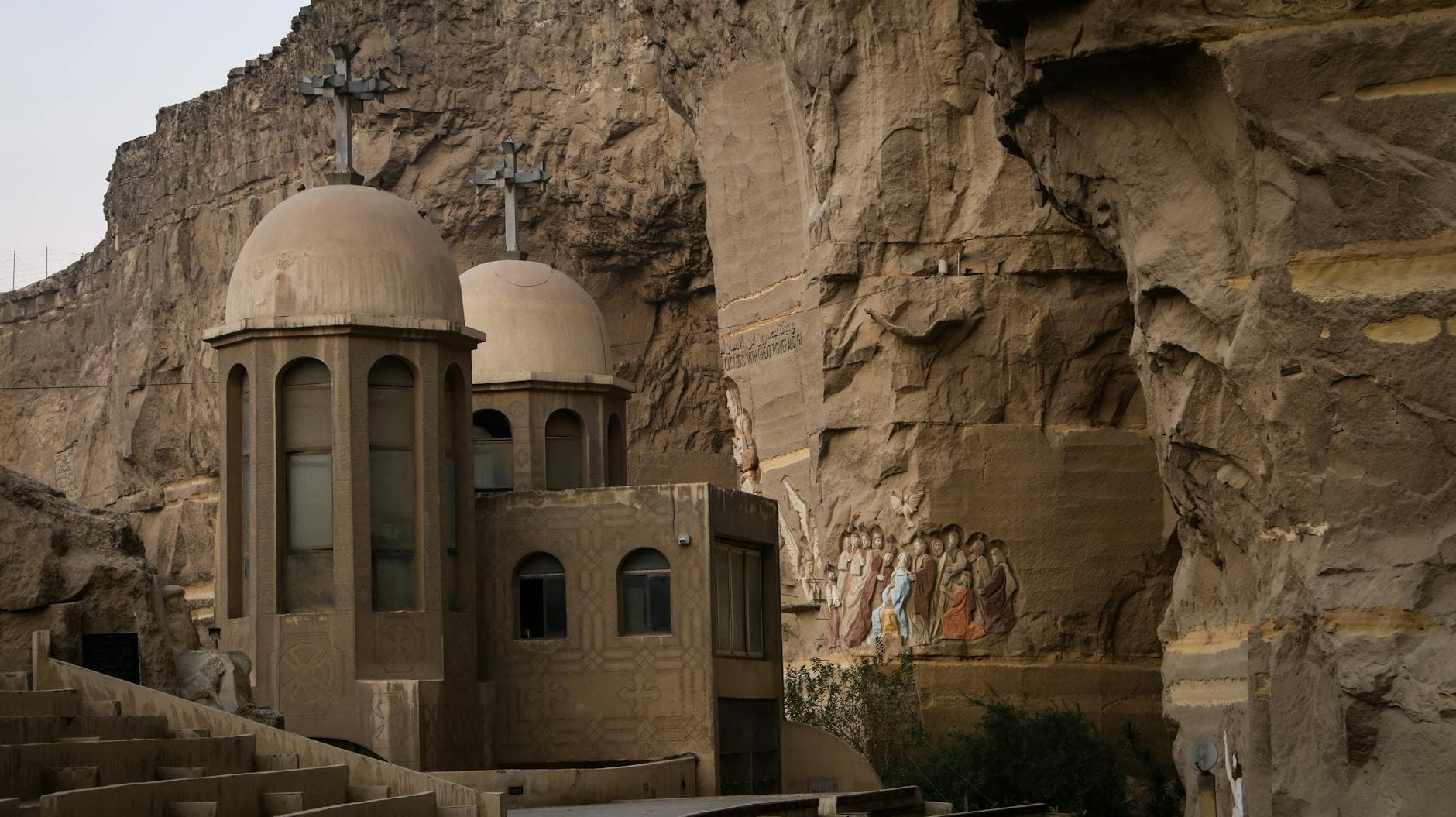 Capturing the unique blend of historic architecture and natural rock formations at a cave church in Cairo, Egypt.